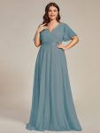 Double V-Neck Floor-Length Short Sleeve Tulle Bridesmaid Dresses – Dusty Blue