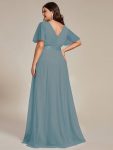 Double V-Neck Floor-Length Short Sleeve Tulle Bridesmaid Dresses – Dusty Blue