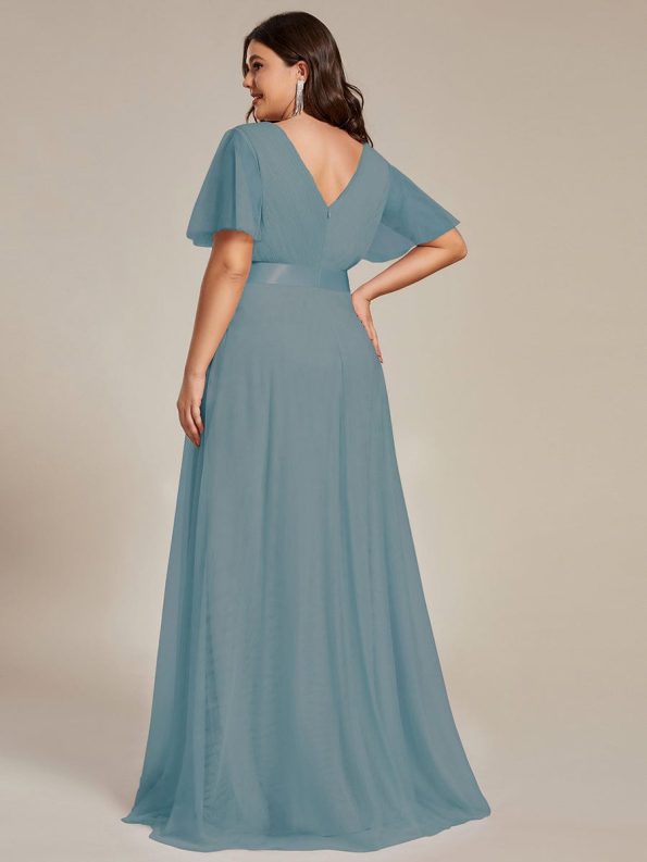 Double V-Neck Floor-Length Short Sleeve Tulle Bridesmaid Dresses - Dusty Blue