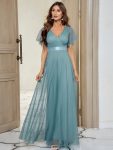 Double V-Neck Floor-Length Short Sleeve Tulle Bridesmaid Dresses – Dusty Blue