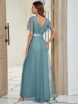 Double V-Neck Floor-Length Short Sleeve Tulle Bridesmaid Dresses – Dusty Blue