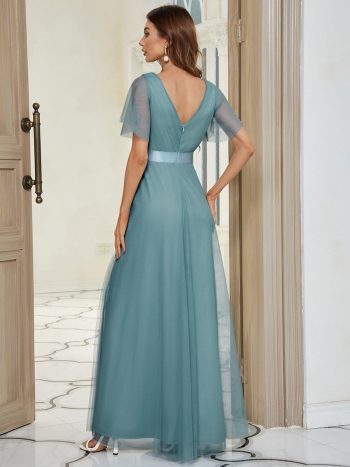 Double V-Neck Floor-Length Short Sleeve Tulle Bridesmaid Dresses - Dusty Blue