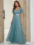 Double V-Neck Floor-Length Short Sleeve Tulle Bridesmaid Dresses – Dusty Blue