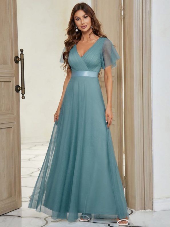 Double V-Neck Floor-Length Short Sleeve Tulle Bridesmaid Dresses - Dusty Blue