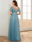 Double V-Neck Floor-Length Short Sleeve Tulle Bridesmaid Dresses – Dusty Blue