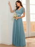 Double V-Neck Floor-Length Short Sleeve Tulle Bridesmaid Dresses – Dusty Blue