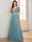 Double V-Neck Floor-Length Short Sleeve Tulle Bridesmaid Dresses – Dusty Blue