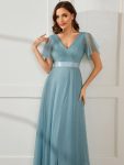 Double V-Neck Floor-Length Short Sleeve Tulle Bridesmaid Dresses – Dusty Blue