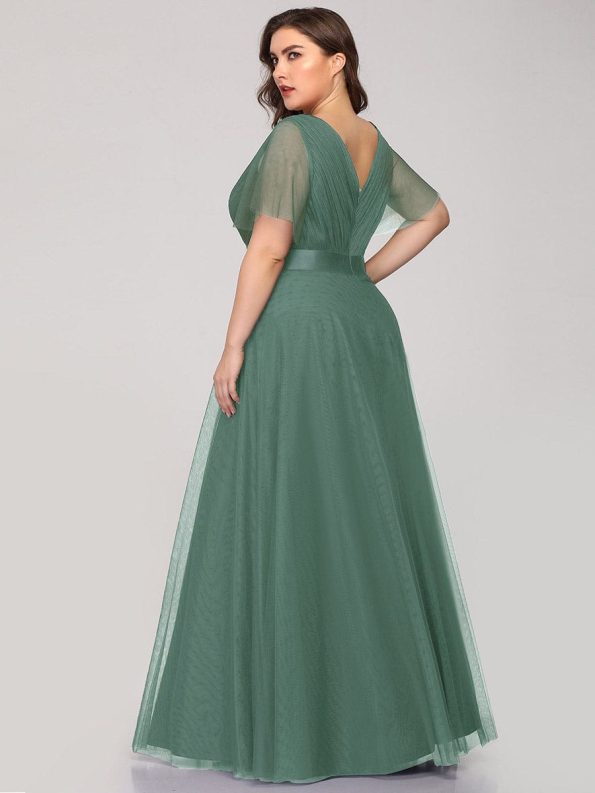 Double V-Neck Floor-Length Short Sleeve Tulle Bridesmaid Dresses - Green Bean