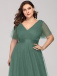 Double V-Neck Floor-Length Short Sleeve Tulle Bridesmaid Dresses – Green Bean