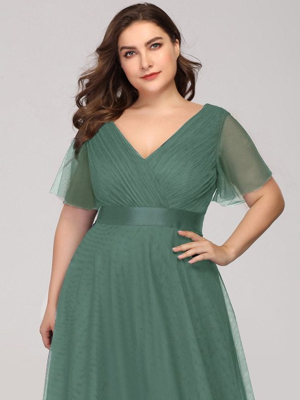 Double V-Neck Floor-Length Short Sleeve Tulle Bridesmaid Dresses - Green Bean