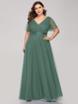 Double V-Neck Floor-Length Short Sleeve Tulle Bridesmaid Dresses – Green Bean