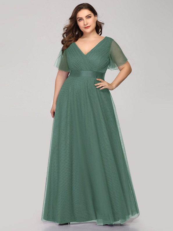 Double V-Neck Floor-Length Short Sleeve Tulle Bridesmaid Dresses - Green Bean