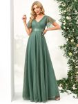 Double V-Neck Floor-Length Short Sleeve Tulle Bridesmaid Dresses – Green Bean