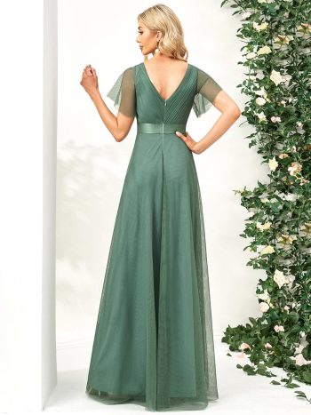 Double V-Neck Floor-Length Short Sleeve Tulle Bridesmaid Dresses - Green Bean