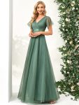 Double V-Neck Floor-Length Short Sleeve Tulle Bridesmaid Dresses – Green Bean