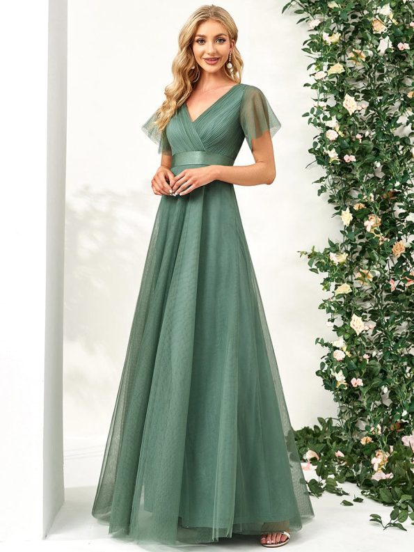 Double V-Neck Floor-Length Short Sleeve Tulle Bridesmaid Dresses - Green Bean