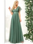 Double V-Neck Floor-Length Short Sleeve Tulle Bridesmaid Dresses – Green Bean