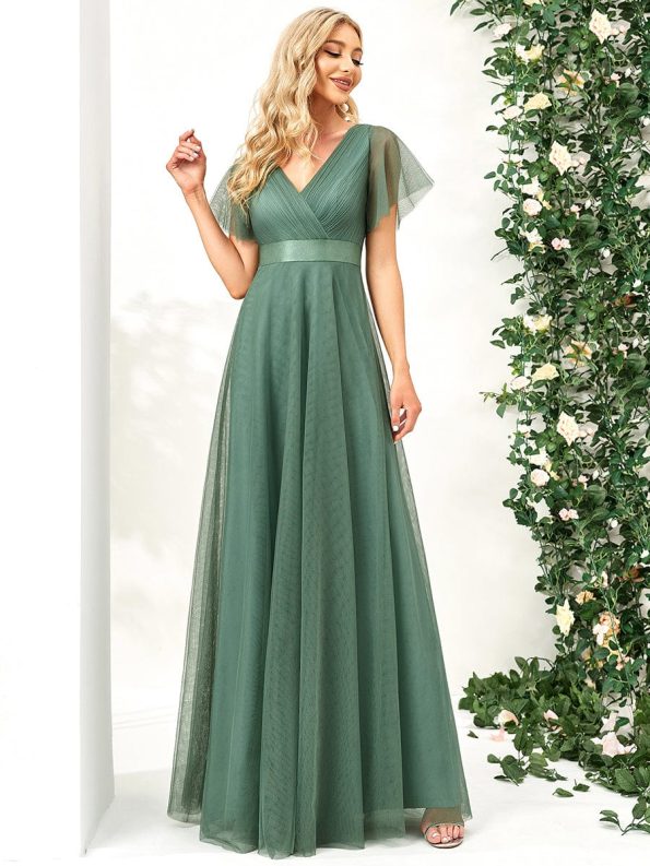 Double V-Neck Floor-Length Short Sleeve Tulle Bridesmaid Dresses - Green Bean