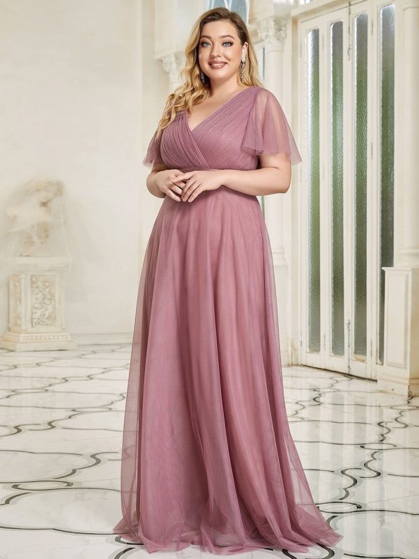 V-Neck Floor-Length Short Sleeve Tulle Bridesmaid Dresses - Purple Orchid