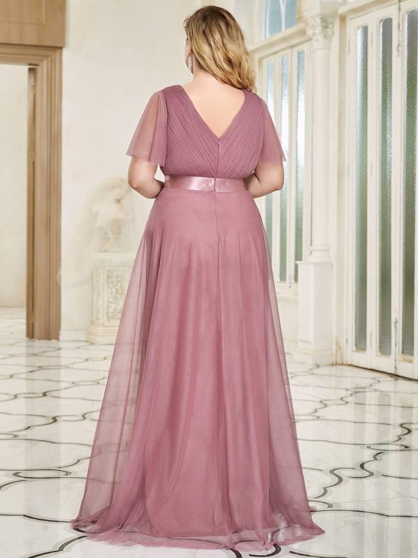 V-Neck Floor-Length Short Sleeve Tulle Bridesmaid Dresses - Purple Orchid