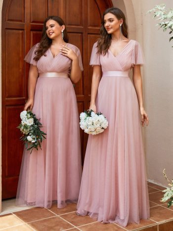 Double V-Neck Floor-Length Short Sleeve Tulle Bridesmaid Dresses - Pink