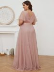 Double V-Neck Floor-Length Short Sleeve Tulle Bridesmaid Dresses – Pink