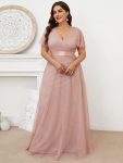 Double V-Neck Floor-Length Short Sleeve Tulle Bridesmaid Dresses – Pink