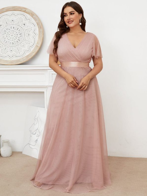 Double V-Neck Floor-Length Short Sleeve Tulle Bridesmaid Dresses - Pink