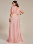 Double V-Neck Floor-Length Short Sleeve Tulle Bridesmaid Dresses – Pink