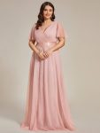 Double V-Neck Floor-Length Short Sleeve Tulle Bridesmaid Dresses – Pink