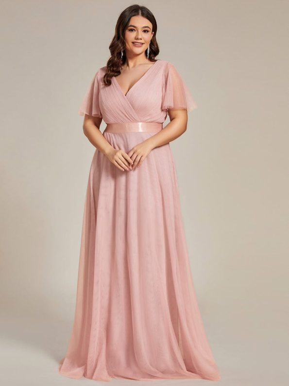 Double V-Neck Floor-Length Short Sleeve Tulle Bridesmaid Dresses - Pink