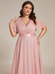 Double V-Neck Floor-Length Short Sleeve Tulle Bridesmaid Dresses – Pink