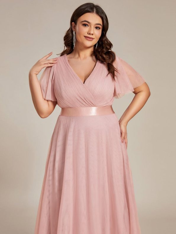 Double V-Neck Floor-Length Short Sleeve Tulle Bridesmaid Dresses - Pink