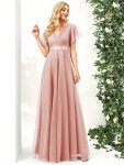 Double V-Neck Floor-Length Short Sleeve Tulle Bridesmaid Dresses – Pink