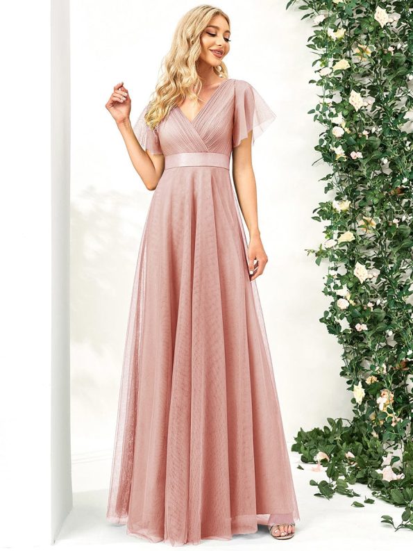 Double V-Neck Floor-Length Short Sleeve Tulle Bridesmaid Dresses - Pink