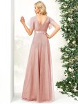 Double V-Neck Floor-Length Short Sleeve Tulle Bridesmaid Dresses – Pink