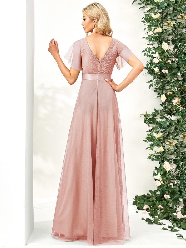 Double V-Neck Floor-Length Short Sleeve Tulle Bridesmaid Dresses - Pink