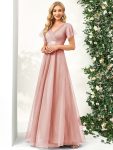 Double V-Neck Floor-Length Short Sleeve Tulle Bridesmaid Dresses – Pink