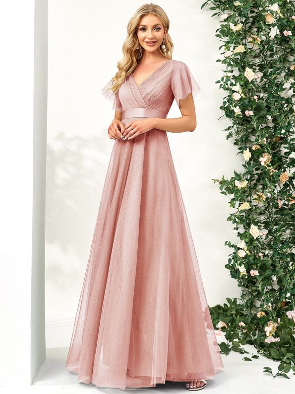 Double V-Neck Floor-Length Short Sleeve Tulle Bridesmaid Dresses - Pink