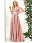 Double V-Neck Floor-Length Short Sleeve Tulle Bridesmaid Dresses – Pink