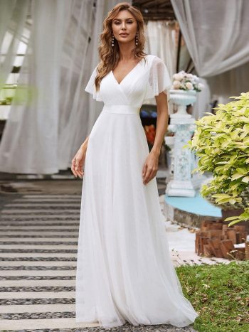 Double V-Neck Floor-Length Short Sleeve Tulle Bridesmaid Dresses - White