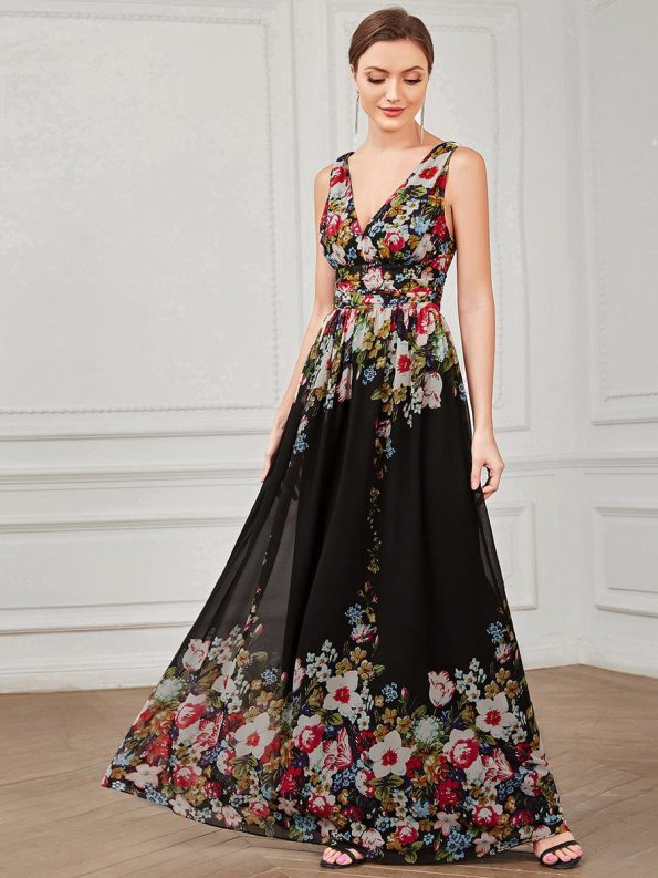 Pleated Sleeveless V-Neck Chiffon Maxi Dress - Black and Printed