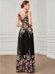 Pleated Sleeveless V-Neck Chiffon Maxi Dress – Black and Printed