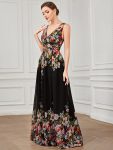 Pleated Sleeveless V-Neck Chiffon Maxi Dress – Black and Printed