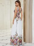 Pleated Sleeveless V-Neck Chiffon Maxi Dress – Printed Cream