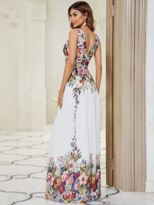 Pleated Sleeveless V-Neck Chiffon Maxi Dress - Printed Cream