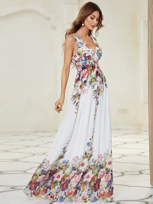 Pleated Sleeveless V-Neck Chiffon Maxi Dress - Printed Cream