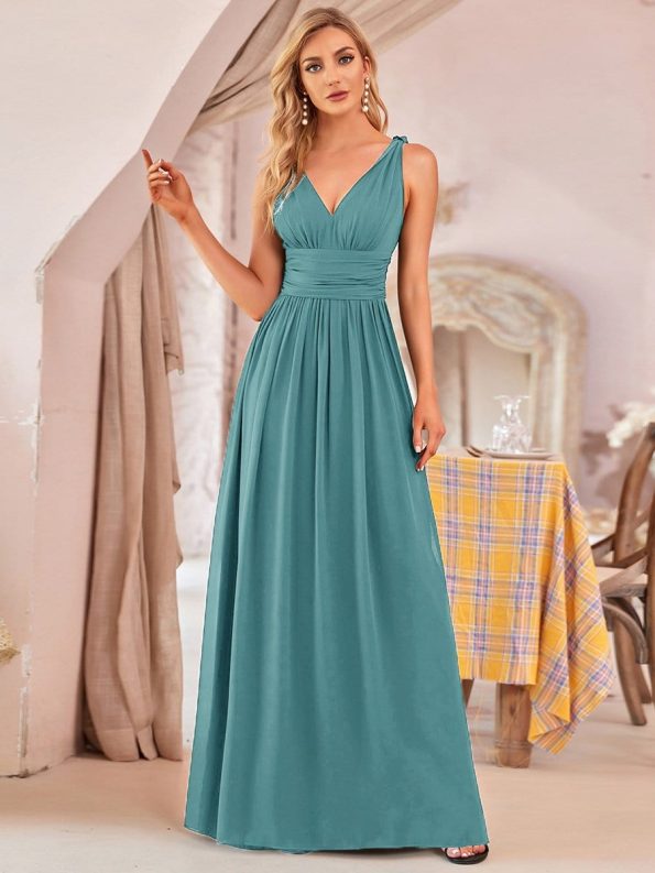 Pleated Sleeveless V-Neck Chiffon Maxi Dress - Dusty Blue