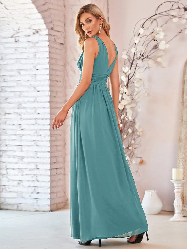 Pleated Sleeveless V-Neck Chiffon Maxi Dress - Dusty Blue